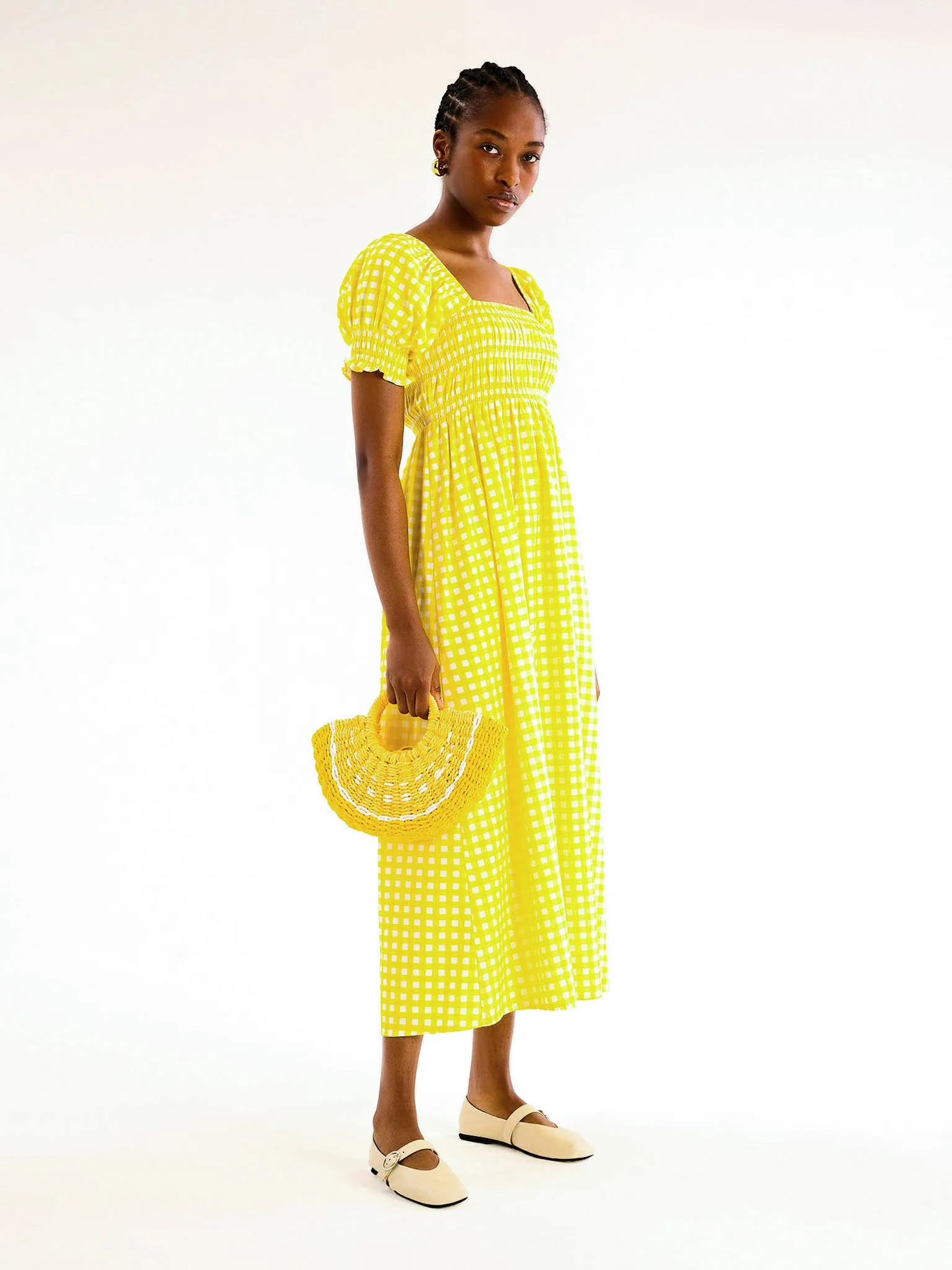 Megan Gingham Print Shirred Midi Dress in Yellow