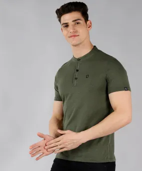 Men's Dark Olive Green Solid Mandarin Collar Slim Fit Half Sleeve Cotton T-Shirt