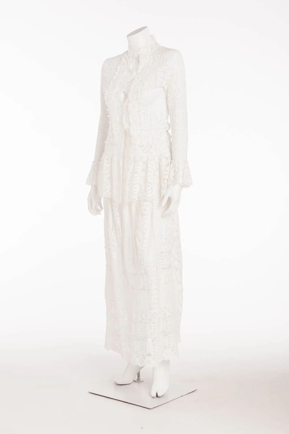 Oscar De La Renta - 2PC White Lace Long Sleeve Snap Button Top with Skirt - US 6