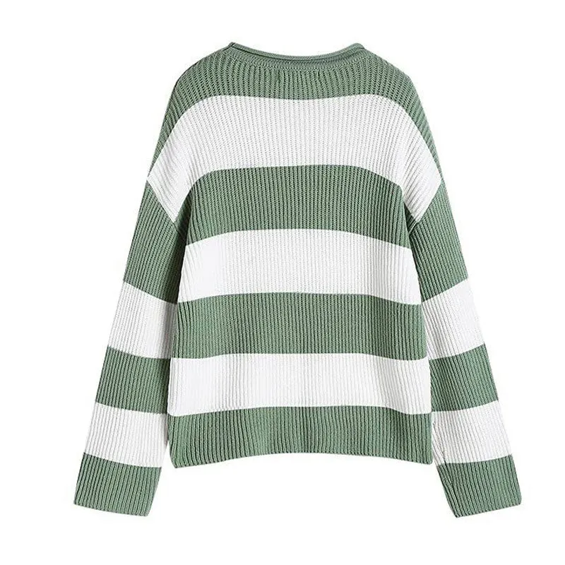 Oversized Contrast Striped Print Brioche Rib Knit Roll Trim Round Neck Drop Shoulder Sweater