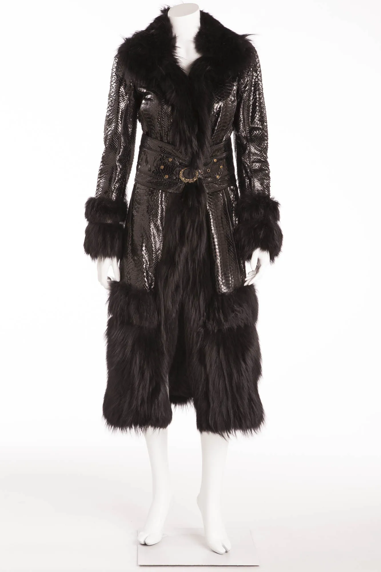 Roberto Cavalli - As Seen on 2005 Roberto Cavalli Runway Collection - Black Python Coat with Fur - IT 40