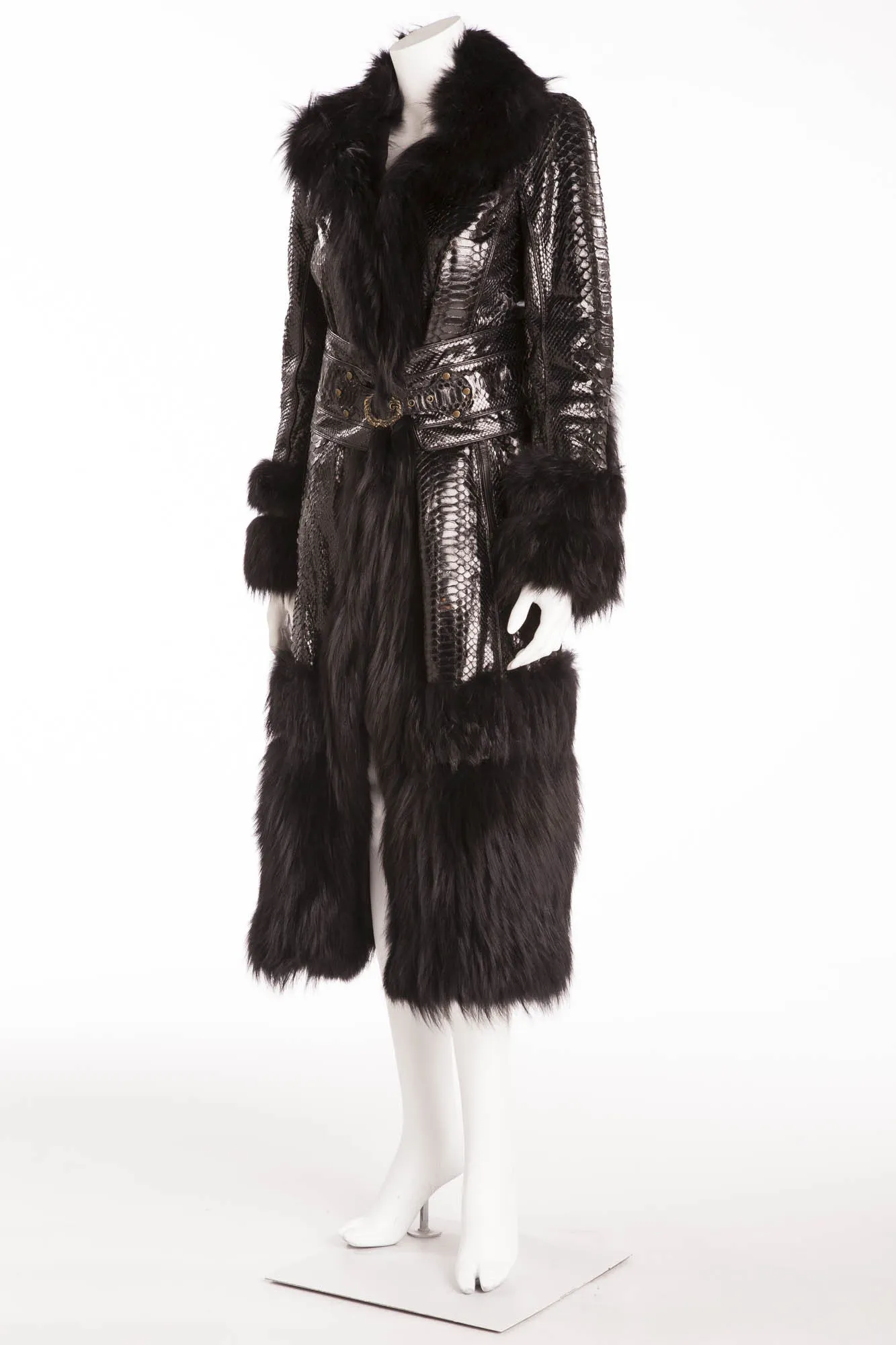 Roberto Cavalli - As Seen on 2005 Roberto Cavalli Runway Collection - Black Python Coat with Fur - IT 40