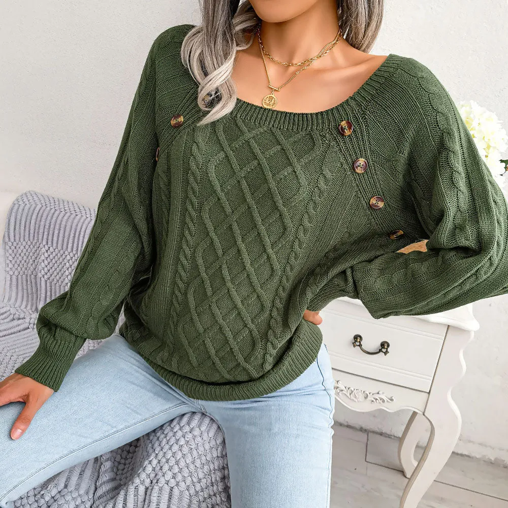 Sassy Button Detail Balloon Sleeve Pullover Fisherman Sweater