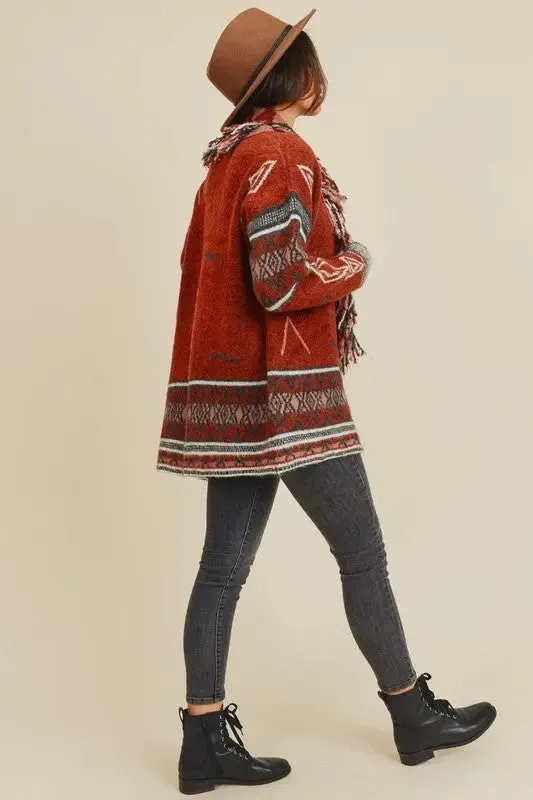 Sienna Aztec Open Front Fringe Cardigan