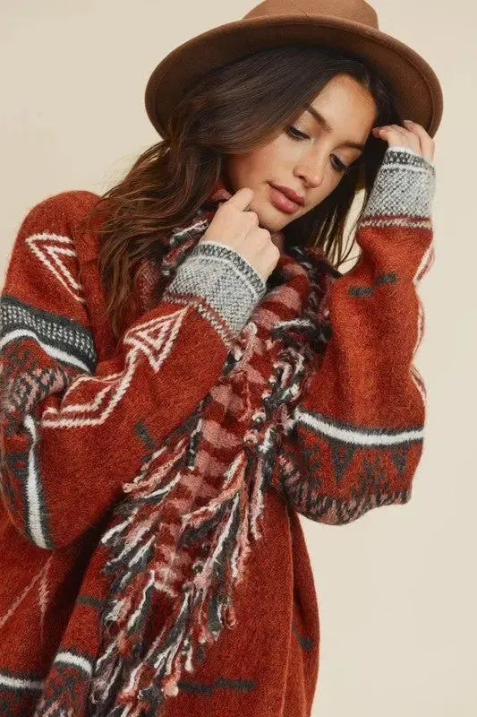 Sienna Aztec Open Front Fringe Cardigan