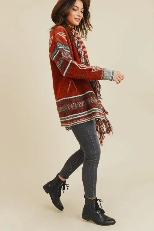 Sienna Aztec Open Front Fringe Cardigan