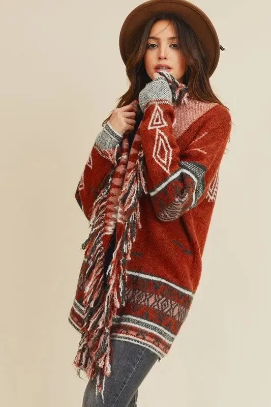 Sienna Aztec Open Front Fringe Cardigan