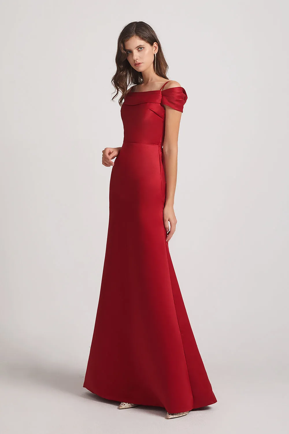 Spaghetti Straps Satin Floor Length Cold Shoulder Bridesmaid Dresses (AF0008)