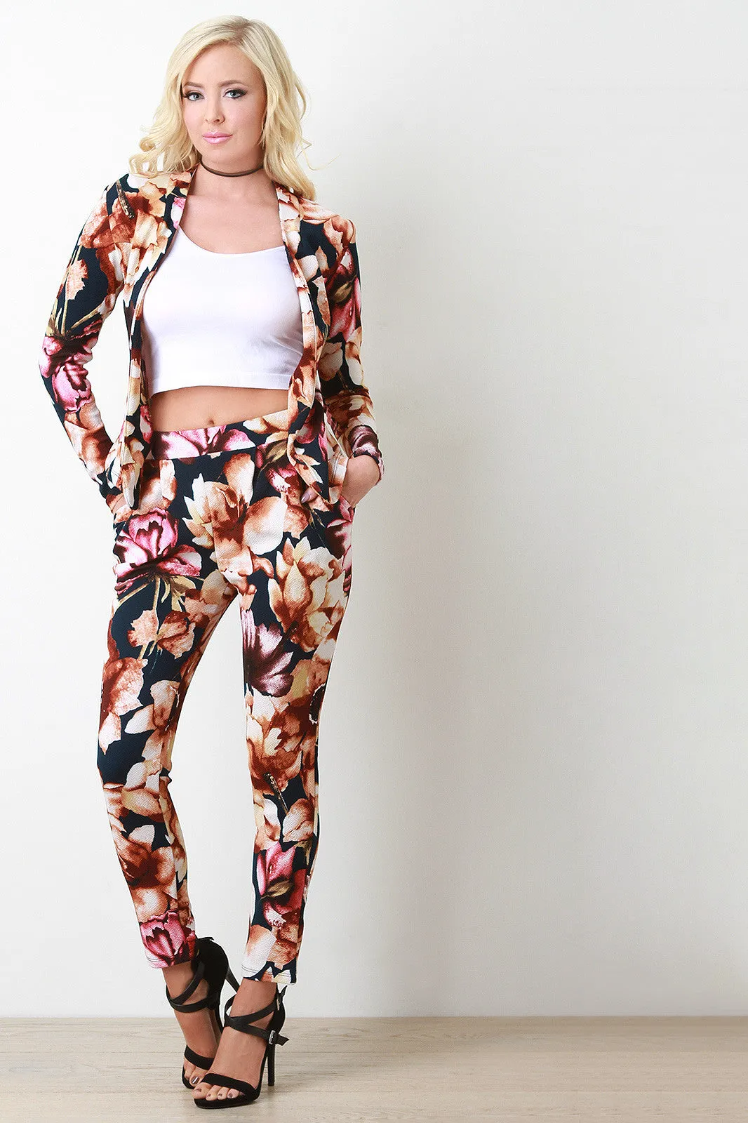 Textured Knit Floral Print Open Front Blazer