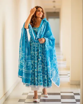 Turquoise Dabu Print Cotton Dress Set