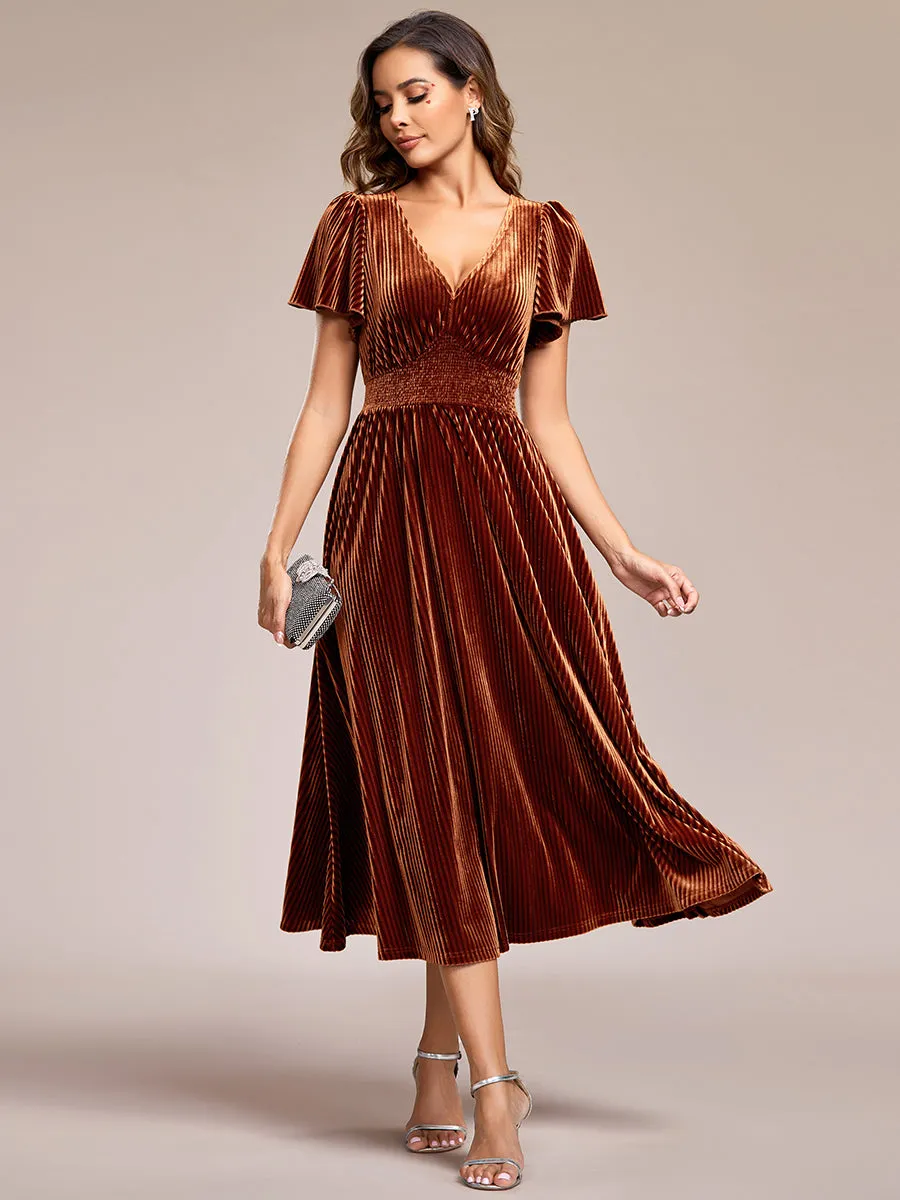 V-Neck Tea Length Velvet Wedding Guest Dresses