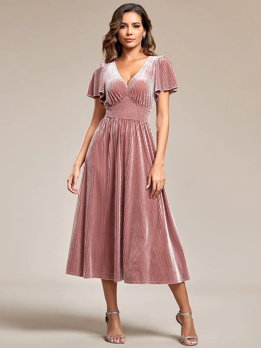 V-Neck Tea Length Velvet Wedding Guest Dresses