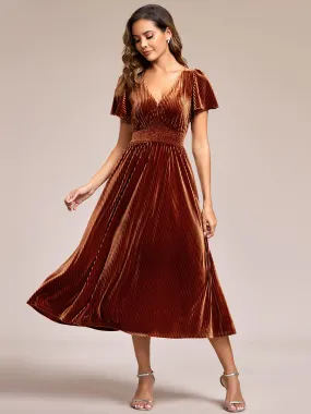 V-Neck Tea Length Velvet Wedding Guest Dresses