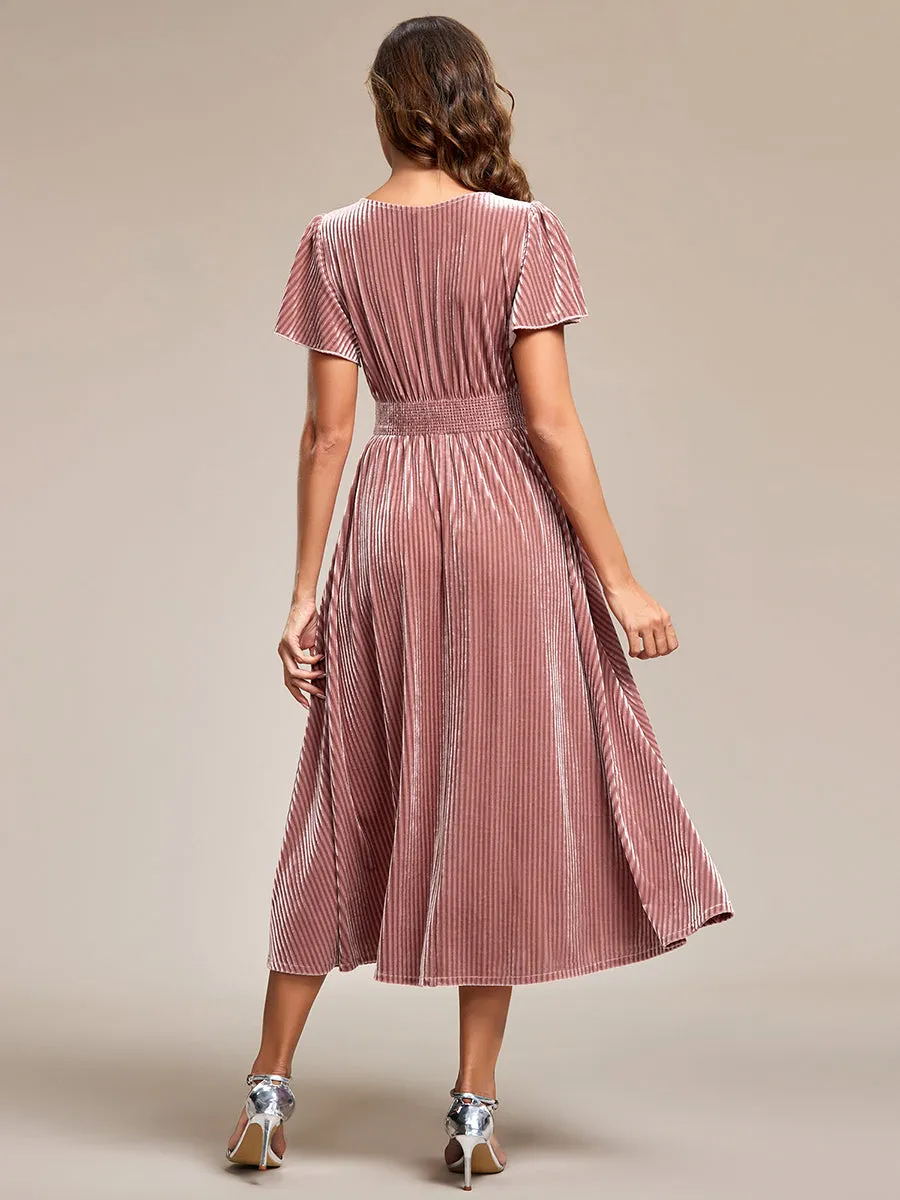 V-Neck Tea Length Velvet Wedding Guest Dresses