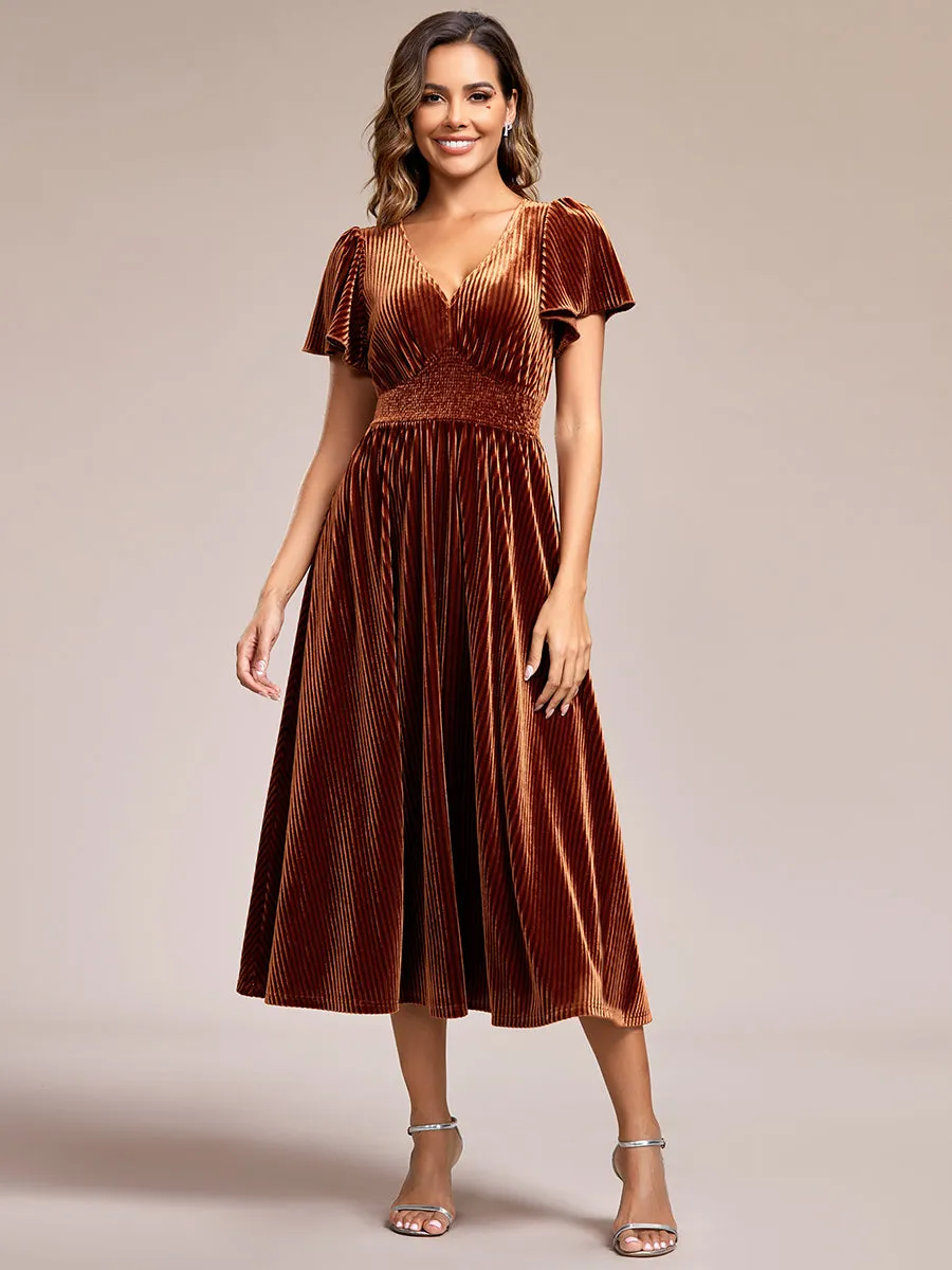 V-Neck Tea Length Velvet Wedding Guest Dresses