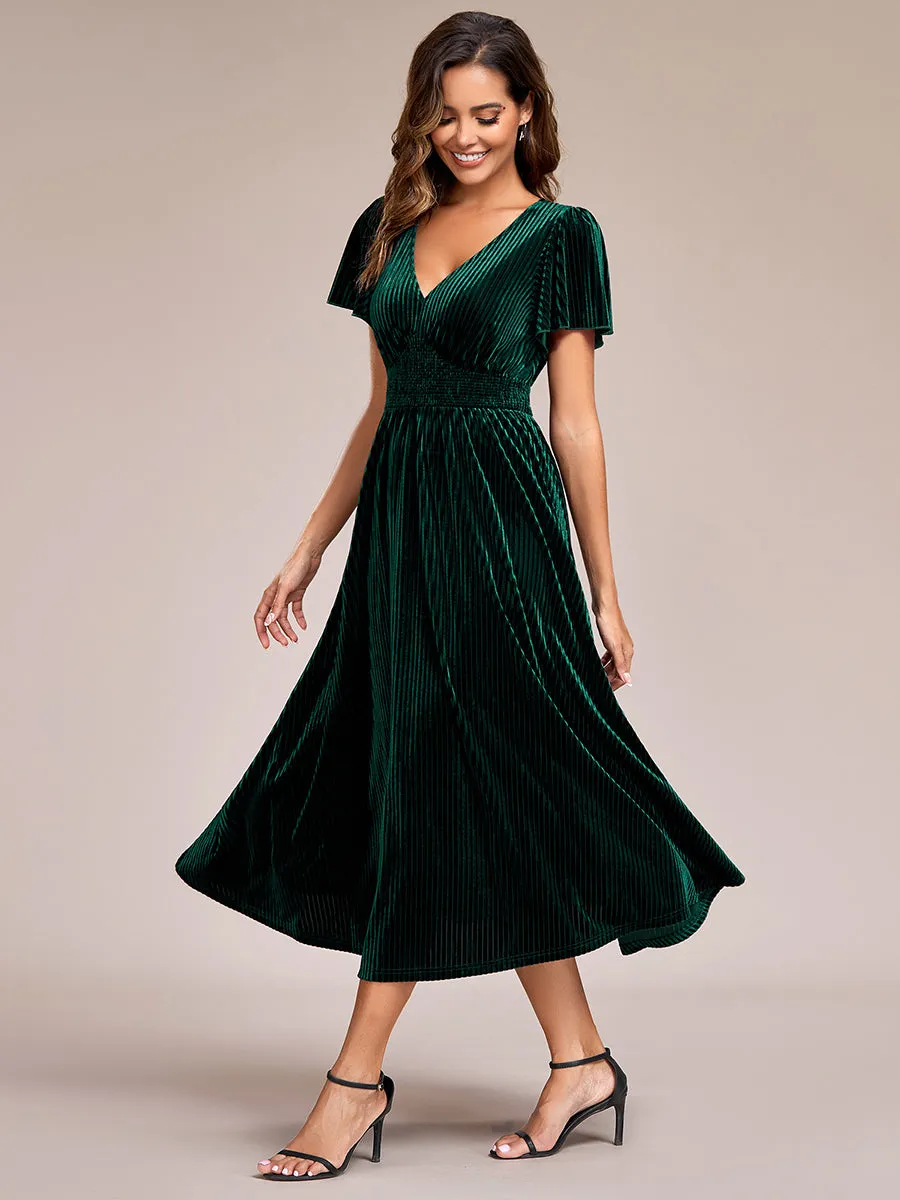 V-Neck Tea Length Velvet Wedding Guest Dresses