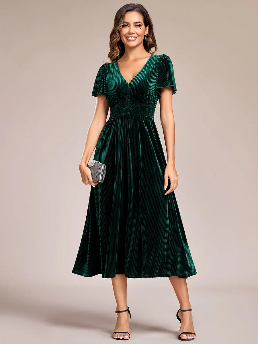 V-Neck Tea Length Velvet Wedding Guest Dresses