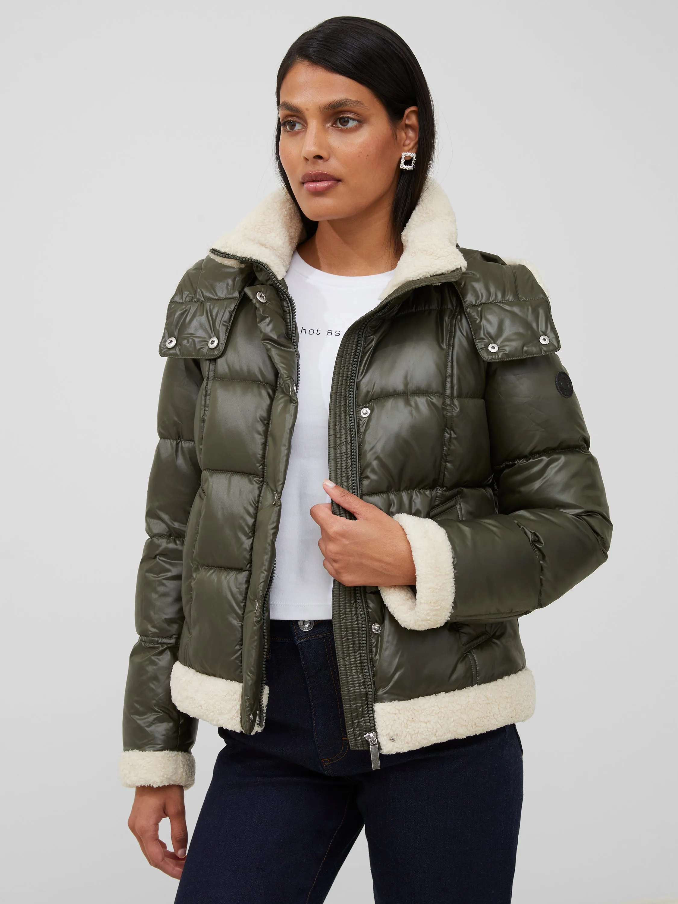 Vegan Leather Shearling Puffer Coat