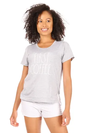 Women's "FIRST COFFEE" Short Sleeve Side Slit Tee and Shorts Pajama Set